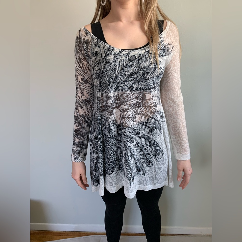 Nally & Millie Black and Cream Peacock Longsleeve Tunic/Dress